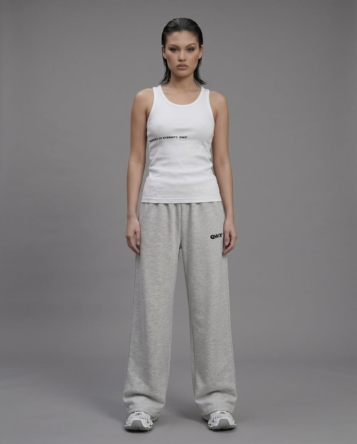 2-Piece Women Set: Ribbed Tank Top and Wide-Leg Sweatpants - Melange Grey