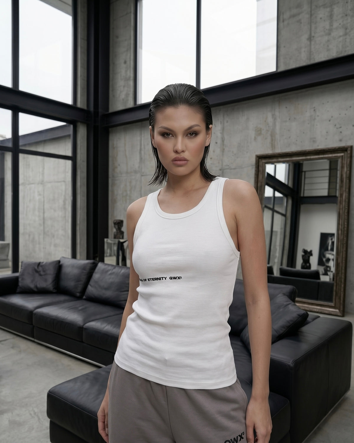 Conjunto de 2 piezas para mujer: camiseta sin mangas de canalé y pantalones deportivos de pernera ancha - Gris