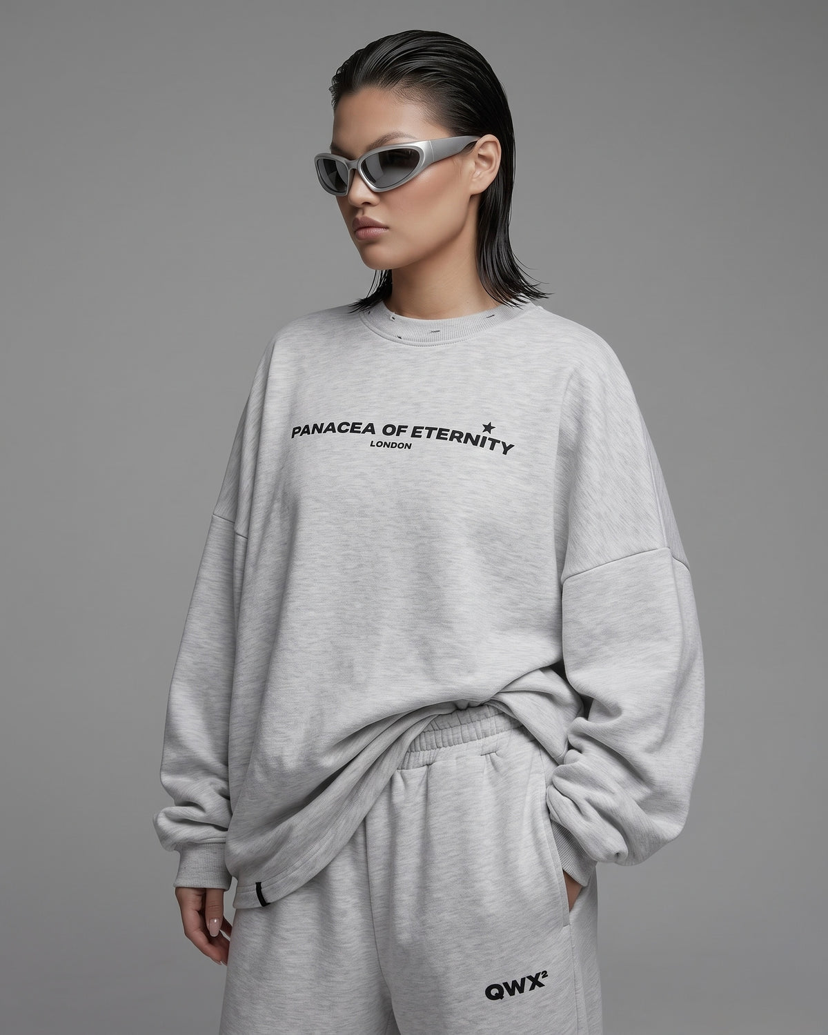 2-Piece Women Set: Urban Sweater + Wide-Leg Sweatpants - Melange Grey