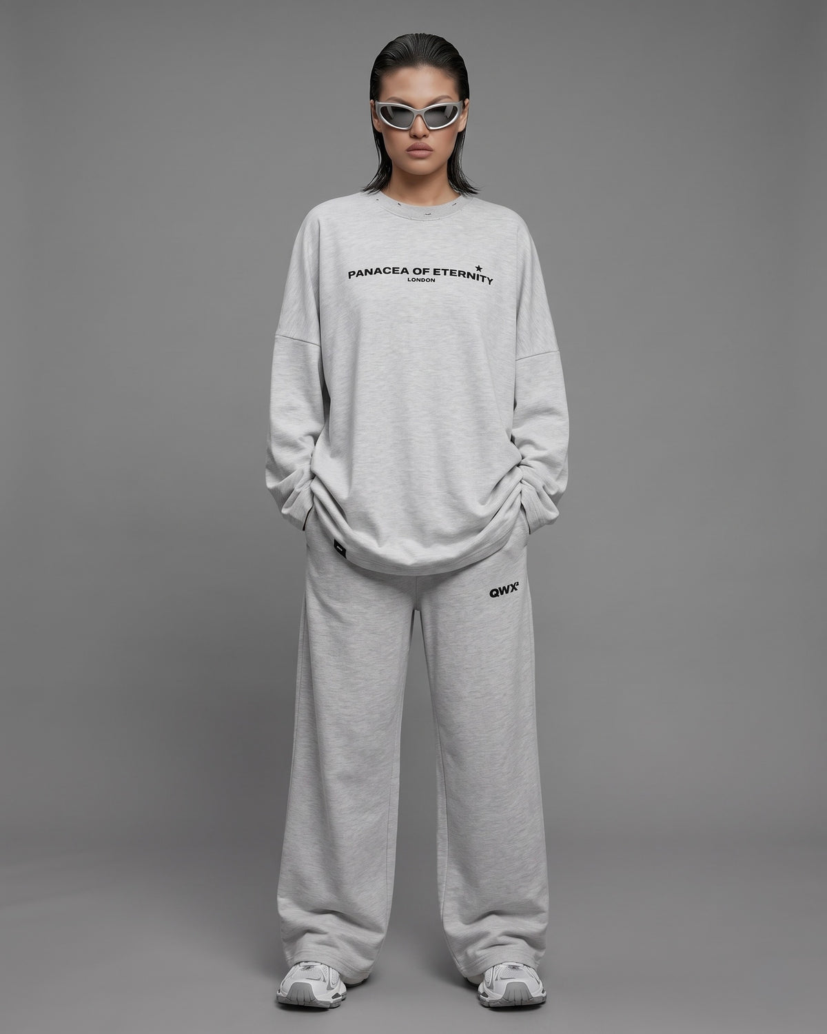 2-Piece Women Set: Urban Sweater + Wide-Leg Sweatpants - Melange Grey